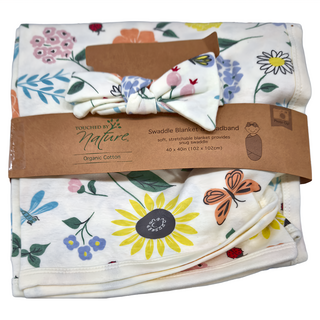 HUDSON BABY 有機棉嬰兒抱毯包巾毯 + 髮帶組, 包巾毯102 x 102cm 髮帶0~6個月, 蝴蝶花園 多色