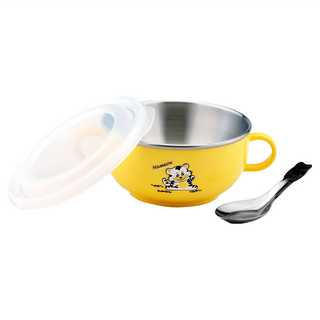 ZEBRA THAILAND 斑馬牌 304不鏽鋼雙耳兒童隔熱碗 11cm 250ml 附蓋 防塵防汗設計 顏色多種選擇, 附湯匙, 黃色, 1組