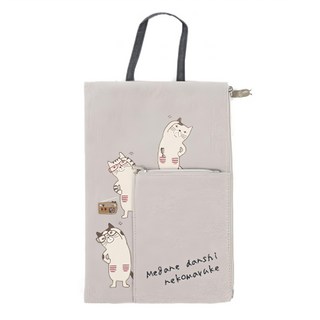 kUSUgURU JAPAN 日本眼鏡貓 NEKOMARUKE貓丸系列 手提 側口拉鍊設計萬用收納包, 灰色