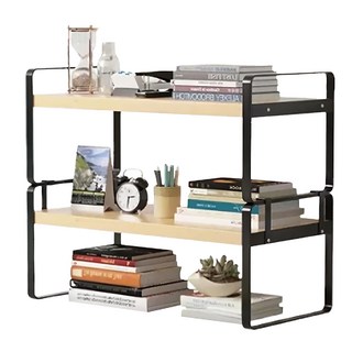 德利生活 桌上置物架 雙層 50 x 20 x 36cm, 原木 + 黑色, 1個