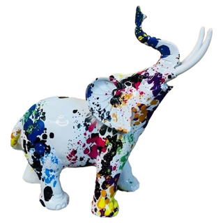 塗鴉炫彩大象擺件創意樹脂工藝品 全家福象, 16.3 x 8 x 19cm, 白花點小象