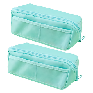 大容量透明雙層文具筆袋 全開款 綠色 - 方便收納, 2個