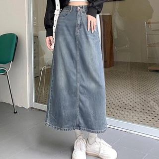 後開岔牛仔長裙, 前後有口袋, 棉+聚酯纖維材質, M, 復古淺藍, 1件