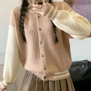 女款 圓領撞色字母拼接短版外套 Y7069 卡其色, 肩寬51cm 胸寬50cm 袖長45cm 全長59cm, 卡