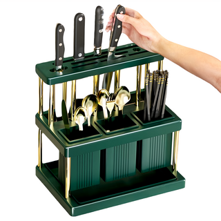 德利生活 多功能刀具收納架 綠金 廚房收納好幫手 刀具餐具筷子一次搞定, 1入