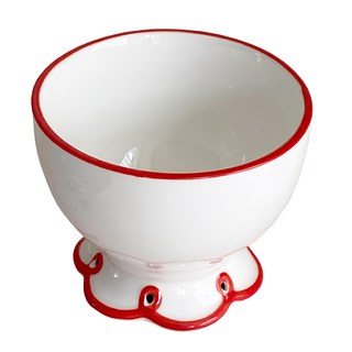 THEHADA 花朵造型 復古波浪花邊陶瓷碗, 白底紅邊, 耐熱60℃, 1個