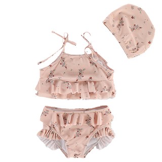 愛北鼻 ins女童吊帶分體泳衣套裝 (泳衣+泳褲+泳帽), 100碼 / 建議90-100cm, 粉碎花