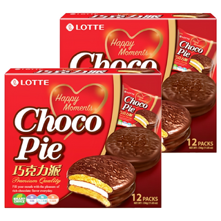 LOTTE 樂天 巧克力派 12個 Set, 經典巧克力風味蛋糕, 中間夾棉花糖內餡, 336g, 2盒