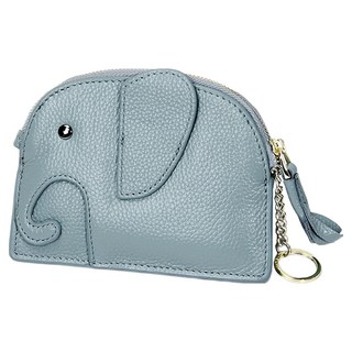 小象造型頭層牛皮真皮零錢包 - 大開口, 2161灰藍色, 15 x 11cm