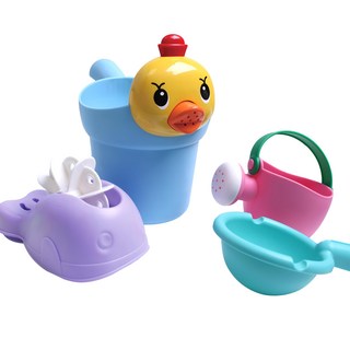 小鴨 水瓢洗澡玩具 4件組 萌態十足 激發好奇心 軟膠材質 圓潤光滑 親和色系 輕鬆抓握, 1組