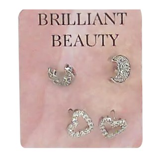 耀眼美人 不鏽雙鋯石鑽耳環, Moon+Lovers款式, 4個一套, 希望與愛