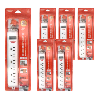 PowerSync 群加 1開6插防雷擊延長用電源線組 3孔 TS6W9118 28.5 x 5.1 x 3.5cm 512g, 1.8m, 白色, 6條