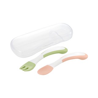 Richell 利其爾 TLI 寶寶叉匙組, 柔軟易握, 附餐具盒, 粉色+綠色, 叉匙, 1組