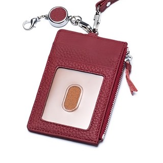 真皮頭層牛皮多功能伸縮掛繩證件套卡片包零錢包, 11.6 x 8 x 1cm, 酒紅色