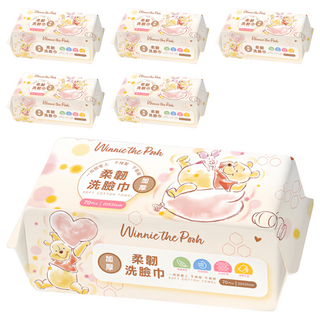 ONEDER 旺達棉品 洗臉巾 70張 加厚柔軟親膚 抽取式洗面巾, 小熊維尼, 6包