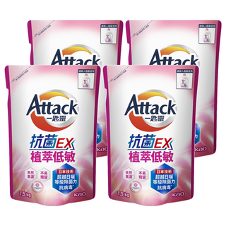 Attack 一匙靈 台灣公司貨 抗菌EX洗衣精 抗菌EX植萃低敏 補充包, 1.5kg, 4包