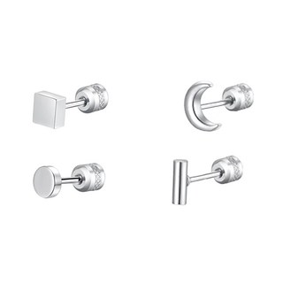 耀眼美人 天圓地方後鋯石鑽鈦閃耀不銹鋼耳環 兩個組, 1組