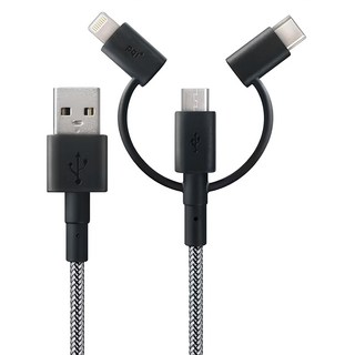 pqi 勁永 i-Cable Multi-Plug USB-Micro USB/Lightning/Type-C 三合一編織傳輸線，複合纖維耐重50KG, 180cm, 黑色 + 銀色, 1條