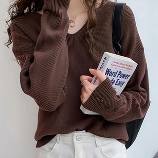 小V領針織長袖衫, 棉+聚酯纖維, 胸寬42cm+肩寬47cm+袖長59cm+全長60cm, 咖, 1件