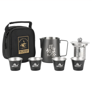 ISE MOUNT 小島嶼山 功夫茶具組 不鏽鋼材質耐高溫 附收納包, 1組, 公道杯 + 茶濾組 + 茶杯 + 茶盤 + 收納包, 黑色