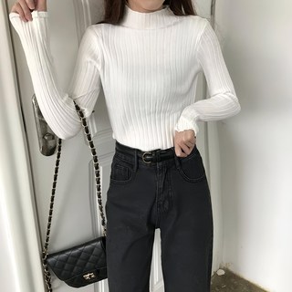 FR643 半高領彈性針織上衣, 棉20%+聚酯纖維80%, 衣長56cm + 肩寬30cm + 胸圍35cm + 袖長58cm, 白色