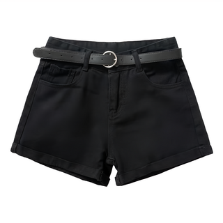 葉子小舖 女款 高腰牛仔短褲 基本款 附腰帶, S, 黑色