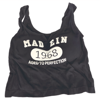 小V領螺紋字母印花帶胸墊背心, 胸寬30cm 全長39cm, 黑色