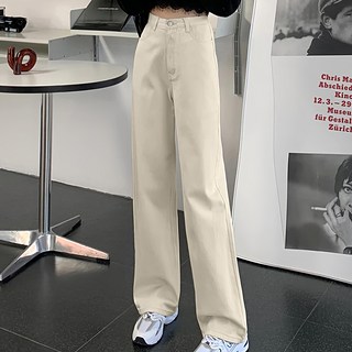 高腰素面顯瘦直筒牛仔寬褲, L(腰寬34cm + 臀寬48cm + 褲檔長33cm + 褲管寬23cm + 全長100cm), 米白