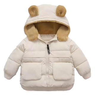 兒童款 羽絨棉小熊連帽外套 秋冬加絨 - 黑 磚紅 咖, 100碼 建議85-95公分, 米色, 1件