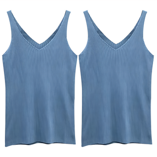 大V領薄款針織無袖背心 藍色 - 展現鎖骨線條 清涼舒適, 均碼, 2件