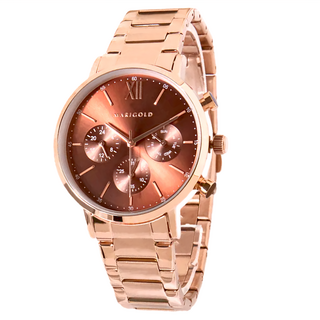 MARIGOLD 美爾朵 閃耀夢想炫光真三眼金屬鍊帶手錶, 酒紅面玫金帶