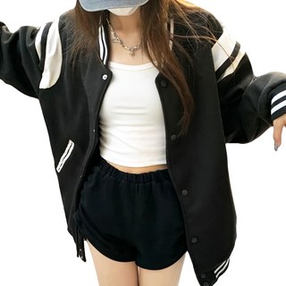 HOU SHENG YAZAI 美式刷毛棒球外套 寬鬆舒適 高磅數刷毛, 均碼, 黑白