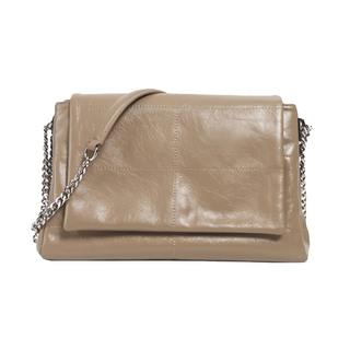 真皮頭層牛皮抓皺鍊條女士肩背包斜背包女包 - 手拎/單肩/斜挎 磁釦閉合, 30 x 20 x 14cm, 奶茶色