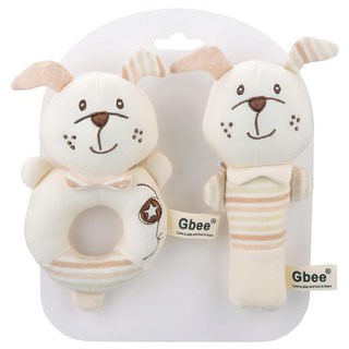 Gbee 搖鈴手抓棒, 彩棉小狗 Set, 嬰兒玩具, 有機棉, 0歲以上適用, 2個