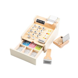 New Classic Toys 木製收銀機玩具, 天然木材無毒塗料, 精緻擬真學習玩具, 珍珠白, 1組
