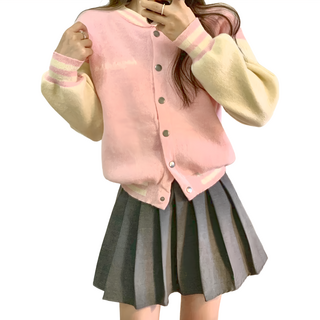 BUY LOVE 買到戀愛 撞色字母拼接針織棒球外套, 肩寬51cm 胸寬50cm 袖長45cm 全長59cm, 粉