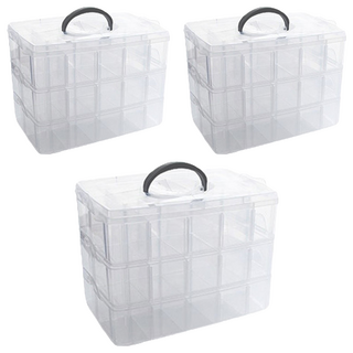 多格收納盒 32 x 18 x 24cm 特大號30格(三層手提), 透明色, 3個