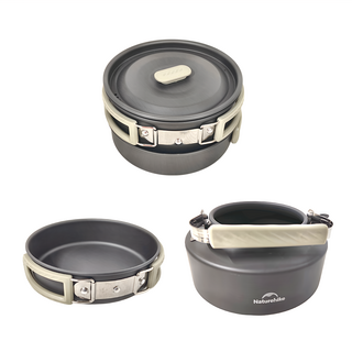 Naturehike 挪客 野行鋁合金鍋 2~4人套裝2 鍋 1.7L + 煎盤 7寸 + 水壺 0.8L, CNK2450CF010, 1組, 鈦灰色 野行鋁合金鍋套裝