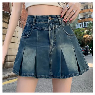 復古A字百褶牛仔短裙，帶安全褲和口袋, L(腰寬35cm/臀寬49cm/全長41cm), 復古藍