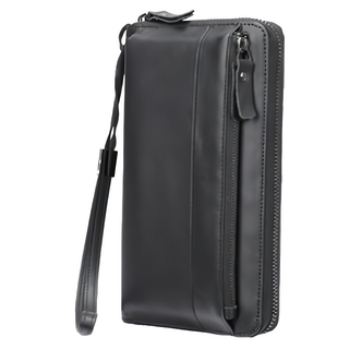 真皮頭層牛皮男士全開式拉鍊長夾皮夾 15張卡片位 6.7吋手機位, 長12 x 高21 x 厚4cm, 黑色