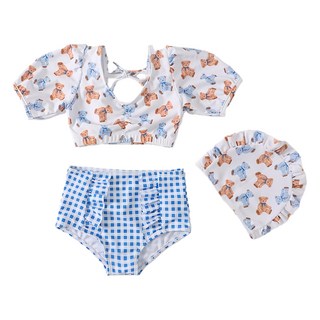 愛北鼻 女童款 夏天分體泳衣 三件組 (上衣+泳褲+泳帽) 110碼, 藍小熊方格