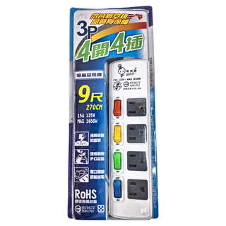 spirit 電精靈 電腦延長線 獨立開關 過載保護 4開4插 3P 9R, 2.7m, 白色, 1條