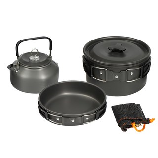 WELLHIKE 鍋具三件組 戶外露營套裝 1組 湯鍋 1.8L 煎鍋 0.8L 水壺 0.8L, 鋁合金 黑色, 湯鍋 + 煎鍋 + 水壺 + 鍋蓋 + 收納網袋