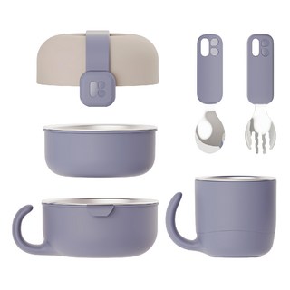 MOTHER-K Hug 外出豪華不鏽鋼餐具多件組 SUS 316不鏽鋼, 1組, 蓋子 + 小碗 + 大碗 + 杯子 + 湯匙 + 叉子 + 固定帶, 星空靛藍