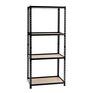 AMOS 四層免螺絲角鋼木板貨架 76*31*169cm 黑色 單層平均耐重60公斤 木板雙面雙色, 1個