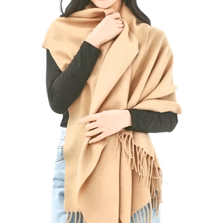 KissDiamond 純色喀什米爾羊絨加厚保暖兩用披肩圍巾 流蘇 185 x 70cm, 卡其