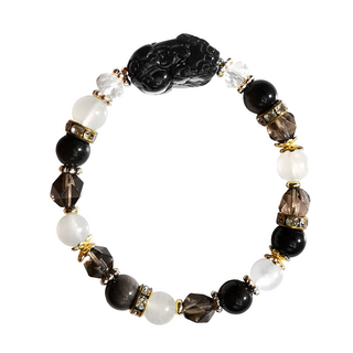 財神小舖 耀眼銀月 貔貅黑曜石月光石茶晶手串手圍, 14~16cm, SLP-2348