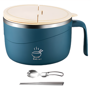 日式帶蓋304不鏽鋼大容量泡麵碗 附餐具 1.2L 藍色, 1個