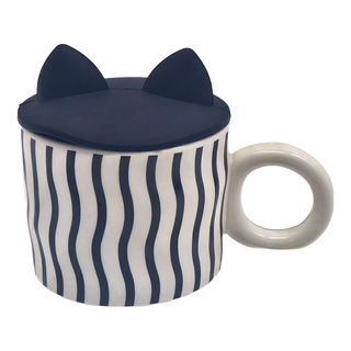 Homely Zakka 北歐創意大耳朵陶瓷馬克杯 附矽膠貓耳朵杯蓋, 藍波紋, 1個