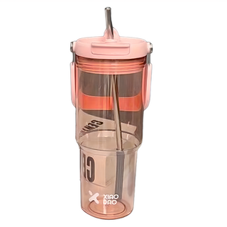 手提透明 大容量PC材質 吸管雙飲水杯, 粉色, 900ml, 1個